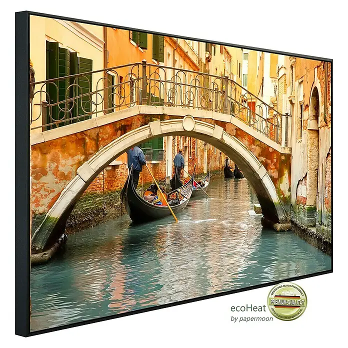 Papermoon Infrarot-Bildheizkörper Venedig120 x 60 cm, 750 W - Das Leinwandbild zeigt eine Gondel in Venedig unter einer Brücke, eine hochwertige Wanddekoration.