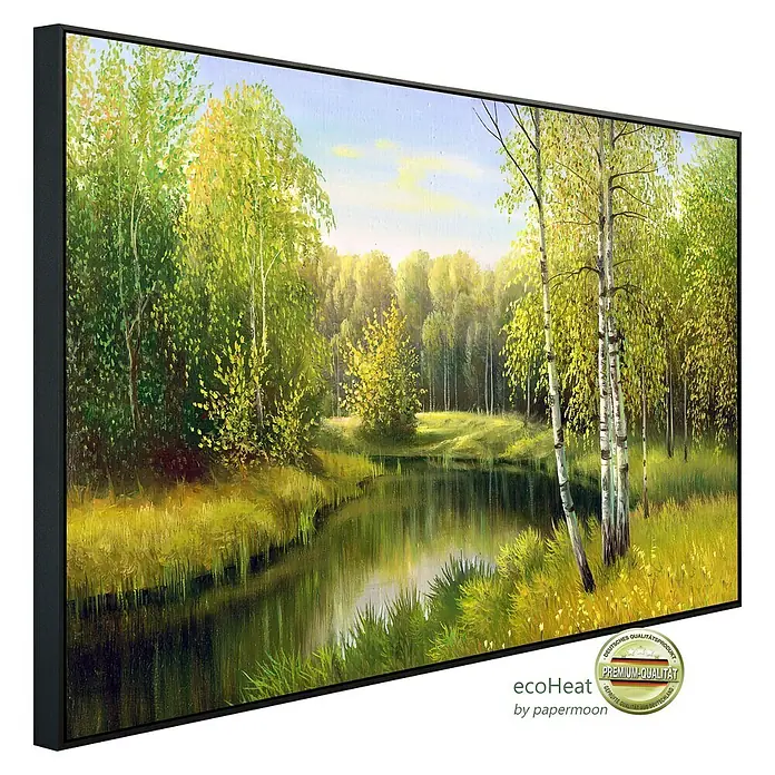 Papermoon Infrarot-Bildheizkörper Fluss im Herbsttag - 100 cm x 600 mm, 800 W - Gemälde mit Waldsee-Motiv, gerahmt. Hochwertiger Kunstdruck auf Leinwand mit Schattenfugenrahmen für eine edle Wanddekoration.
