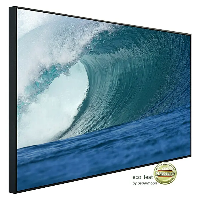 Papermoon Infrarot-Bildheizkörper Big Wave Big Barrel - 60 x 50 cm, 350 W - Nahaufnahme eines EcoHeat Infrarot-Heizpaneels mit einer Abbildung einer Welle, das modernes Design und effiziente Heiztechnologie vereint.