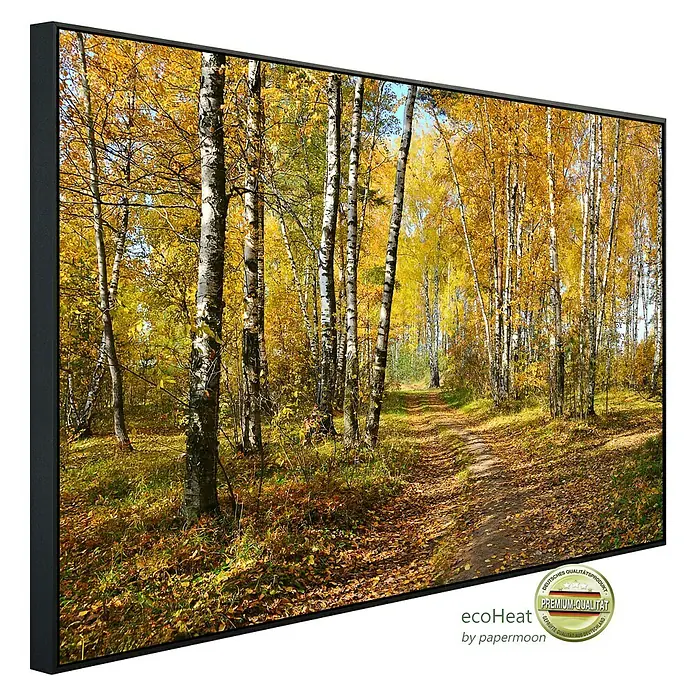 Papermoon Infrarot-Bildheizkörper Herbstwald 1 - 100 x 60 cm, 800 W - Hochwertige Ecoheat Infrarotheizung mit Waldmotiv, Premium Qualität für behagliche Wärme in Ihrem Zuhause.