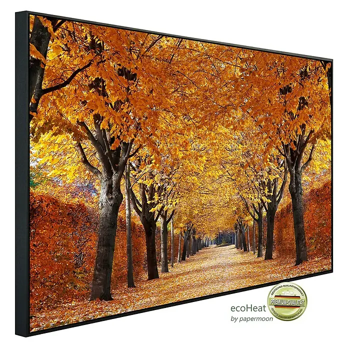 Papermoon Infrarot-Bildheizkörper Herbstgasse - 120 cm x 600 mm, 1.000 W - EcoHeat Infrarotheizung mit herbstlichem Allee-Motiv, gerahmt in Schwarz. Premium-Qualität für gemütliche Wärme und stilvolles Design.