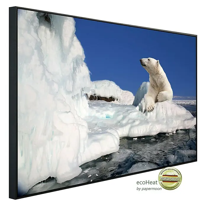 Papermoon Infrarot-Bildheizkörper Eisbär - 90 x 50 cm, 450 W - Ein gerahmtes Bild von einem Eisbären auf einer Eisscholle, ein Premium-Qualitätsprodukt.