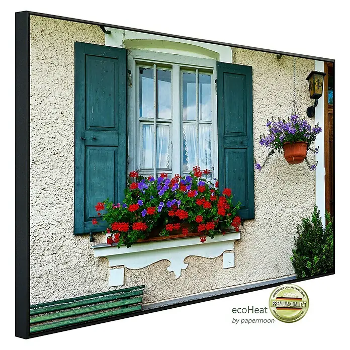 Papermoon Infrarot-Bildheizkörper Bayerisches Fenster - 60 x 50 cm, 350 W - Gerahmtes Bild eines Hauses mit Fenster, Fensterläden und Blumenkästen. Perfekt für Wanddekoration und Inneneinrichtung.