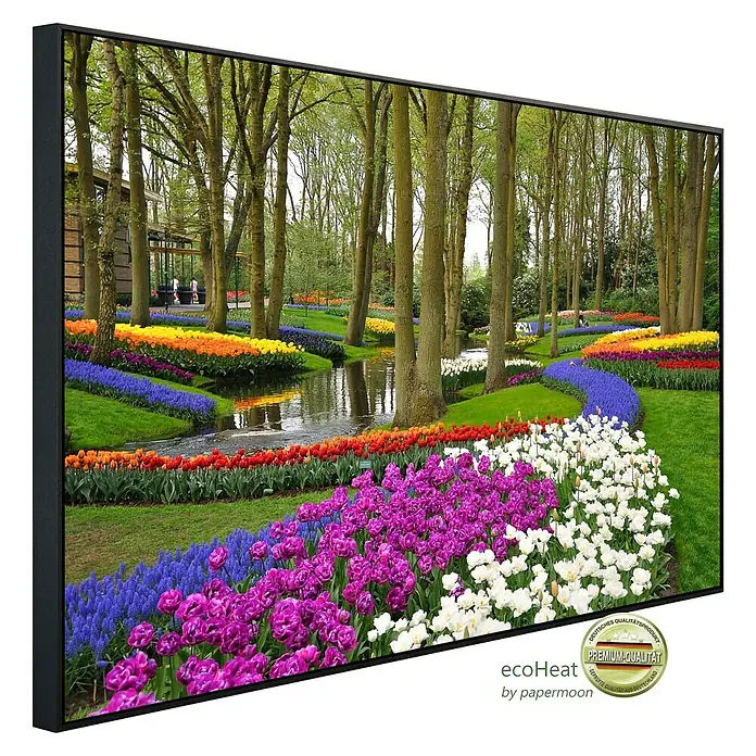 Papermoon Infrarot-Bildheizkörper Tulpen im Keukenhof-Park - 100 cm x 600 mm, 600 W - Ein gerahmtes Wandbild, das einen farbenfrohen Blumengarten mit Bäumen und einem Bachlauf zeigt, ideal als Dekoration.