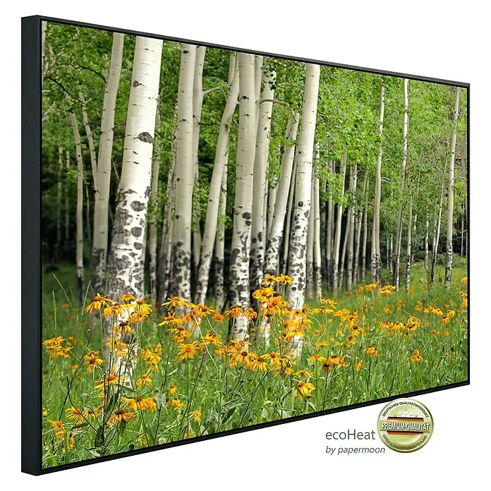 Papermoon Infrarot-Bildheizkörper Aspen Grove + Orange Wildflowers - 60 x 50 cm, 350 W - Hochwertiges gerahmtes Wandbild: Birkenwald mit gelben Blumen auf Leinwand. Premium-Qualität für stilvolle Wanddekoration im Wohnbereich.
