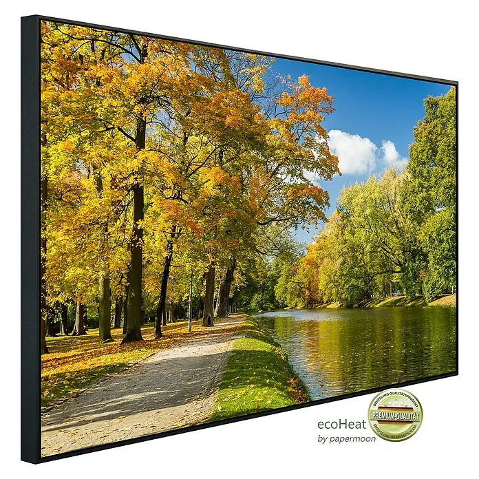 Papermoon Infrarot-Bildheizkörper Fluss im Herbstpark - 120 x 60 cm, 1.200 W - Dieses gerahmte Wandbild zeigt einen malerischen Herbstpark mit goldenen Bäumen und einem ruhigen Fluss, ein echter Blickfang.