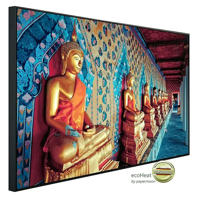 Papermoon Infrarot-Bildheizkörper Goldene Statuen Buddhas - 1.200 x 600 mm, 1.200 W - Leinwandbild mit Buddha-Motiv, farbenfrohes Design, hochwertige Qualität für eine stilvolle Wanddekoration.\n