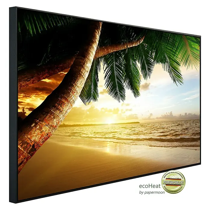 Papermoon Infrarot-Bildheizkörper Karibischer Strand Sonnenaufgang - 120 x 60 cm, 1.200 W - Das Bild zeigt einen Ecoheat-Infrarotheizkörper mit einem schönen Strandmotiv, das eine angenehme Atmosphäre schafft.