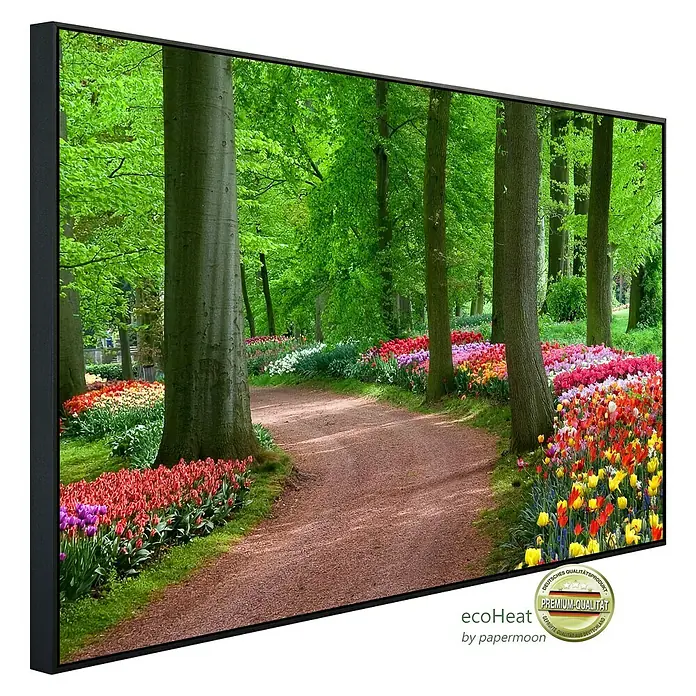 Papermoon Infrarot-Bildheizkörper Tulpen Frühlingslandschaft - 100 x 60 cm, 600 W - Das Bild zeigt eine EcoHeat Infrarotheizung mit einem farbenprächtigen Waldweg-Motiv, das eine angenehme Atmosphäre in jeden Raum bringt.