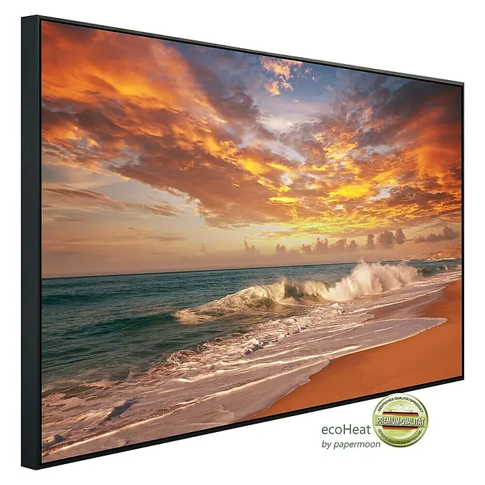 Papermoon Infrarot-Bildheizkörper Meeressonnenuntergang - 100 x 60 cm, 600 W - Ein gerahmtes EcoHeat-Heizpaneel mit einem atemberaubenden Strandmotiv bei Sonnenuntergang, das Wärme und Ästhetik vereint.