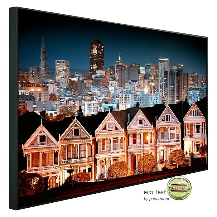 Papermoon Infrarot-Bildheizkörper Stadtlandschaft in San Francisco - 1.000 x 600 mm, 600 W - Das EcoHeater Infrarot-Heizpaneel mit San Francisco Skyline-Motiv, eine stilvolle und effiziente Heizlösung für Ihr Zuhause.