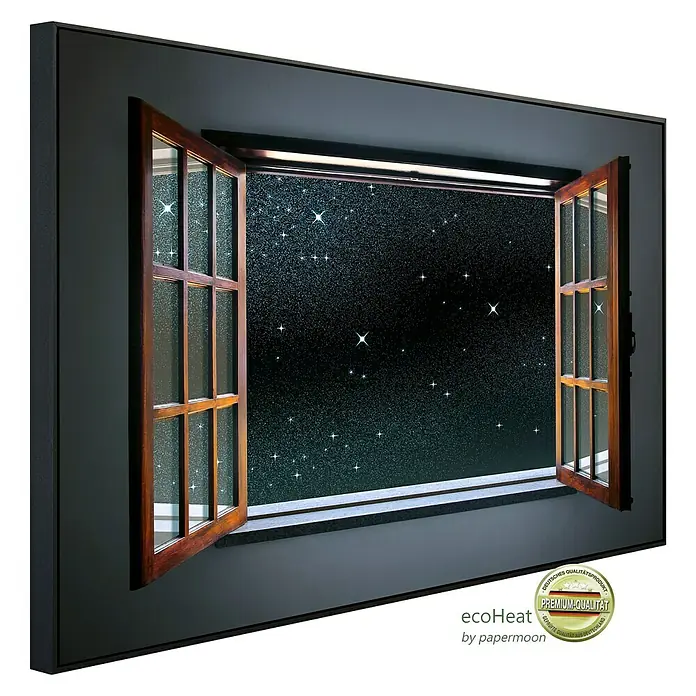 Papermoon Infrarot-Bildheizkörper Klarer Sternenhimmel - 100 x 60 cm, 600 W - Das Bild zeigt eine Infrarotheizung von ecoheat mit Fenster-Motiv, das einen Sternenhimmel darstellt und für eine angenehme Wärme sorgt.