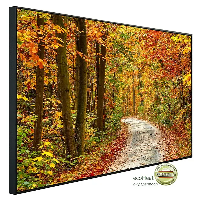 Papermoon Infrarot-Bildheizkörper Weg im bunten Herbstwald - 120 x 60 cm, 1.200 W - Gerahmtes Herbstwald-Bild. Die Schwarz-Umrandung des Bildes betont die goldenen und gelben Blätter des Herbstwaldes.