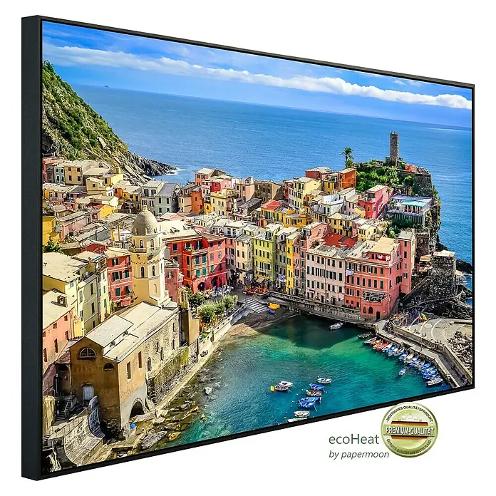 Papermoon Infrarot-Bildheizkörper Buntes Dorf Vernazza Cinque Terre - 60 x 50 cm, 350 W - Ein gerahmtes Leinwandbild von Vernazza, Italien, mit lebendigen Farben und atemberaubender Küstenlandschaft. Hochwertiger Kunstdruck für Ihr Zuhause.