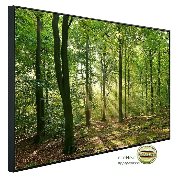 Papermoon Infrarot-Bildheizkörper Forest Morgen - 120 x 60 cm, 1.000 W - Schwarze gerahmte Leinwand mit einem Waldmotiv, das durch die Sonnenstrahlen eine magische Atmosphäre ausstrahlt.