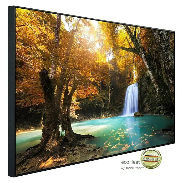 Papermoon Infrarot-Bildheizkörper Wasserfall Kanchanaburi Thailand - 120 x 60 cm, 1.000 W - Wandbild mit Wasserfall und Bäumen im Herbst, gerahmt in Schwarz. Ein hochwertiges und dekoratives Produkt für Ihr Zuhause.