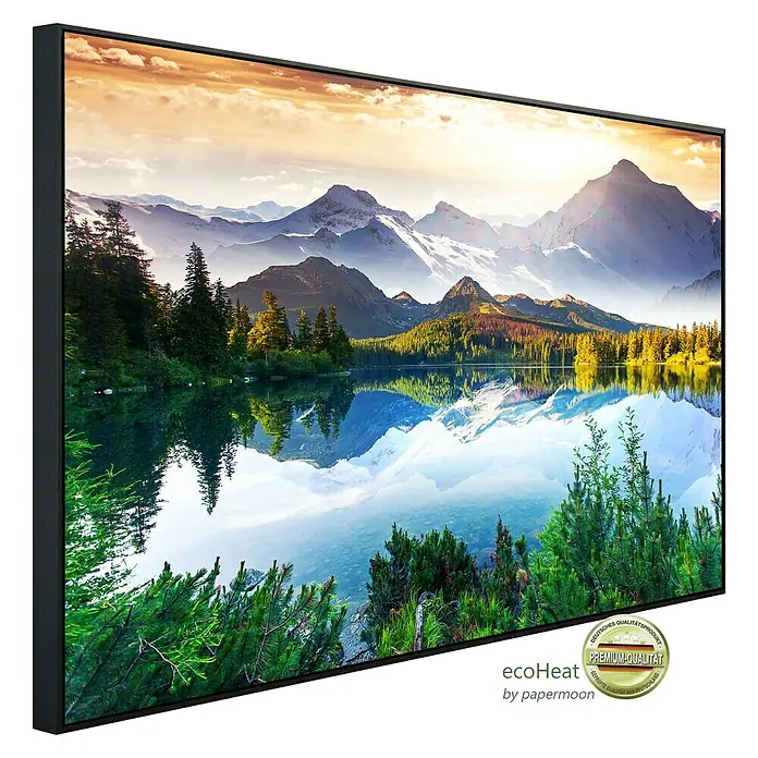 Papermoon Infrarot-Bildheizkörper Bergsee 1 - 120 cm x 600 mm, 1.000 W - Wandbild mit Naturmotiv, hochwertiger Druck auf Leinwand, gerahmt und fertig zum Aufhängen. Perfekt für Wohn- oder Büroräume.