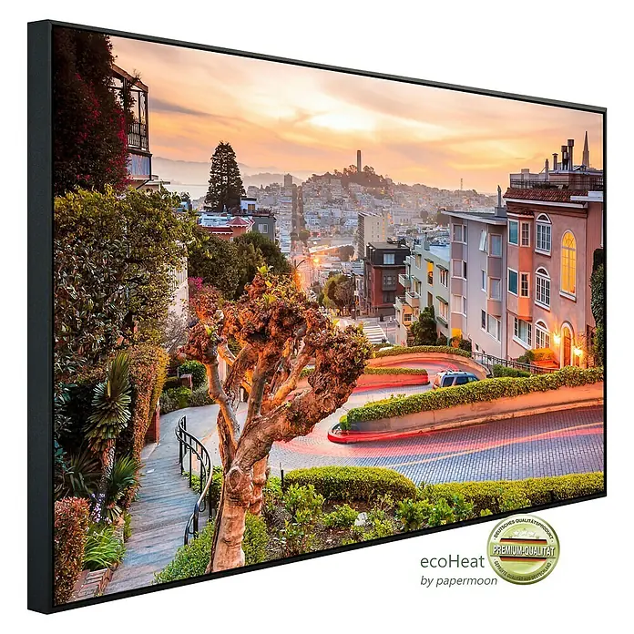 Papermoon Infrarot-Bildheizkörper Lombard Street in San Francisco - 60 x 50 cm, 350 W - Das gerahmte Wandbild zeigt die Lombard Street in San Francisco bei Sonnenuntergang und verleiht jedem Raum eine besondere Note.