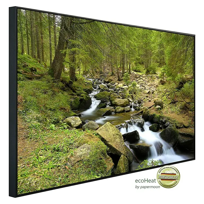 Papermoon Infrarot-Bildheizkörper Gebirgsfluss - 100 x 60 cm, 800 W - Dieses Bild zeigt einen EcoHeat-Heizkörper mit dem Motiv eines Waldbaches, der eine angenehme und natürliche Atmosphäre schafft.
