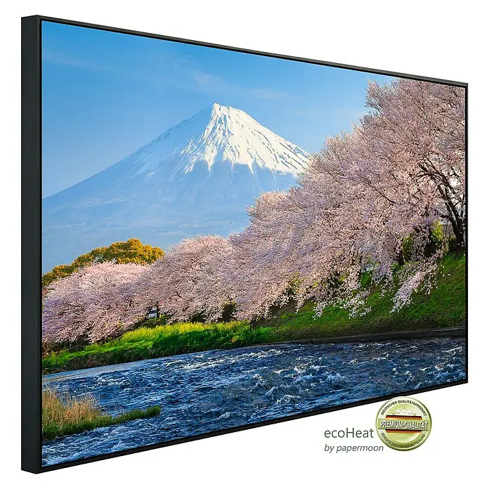 Papermoon Infrarot-Bildheizkörper Fuji und Sakura - 90 x 50 cm, 450 W - EcoHeat Infrarotheizung mit einem Motiv von Kirschblüten vor dem Berg Fuji, hochwertige Infrarotheizung für behagliche Wärme.