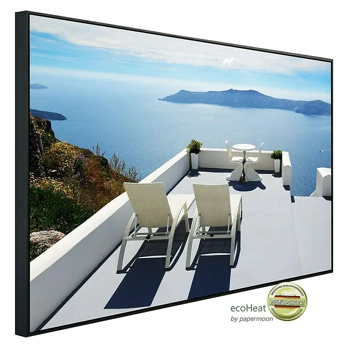 Papermoon Infrarot-Bildheizkörper Terrasse mit Meerblick auf Santorin - 90 x 50 cm, 450 W - Das Infrarot-Heizpaneel ist eine stilvolle Möglichkeit, einen Raum mit Blick auf das Meer zu heizen und gleichzeitig ein elegantes Design zu bieten.