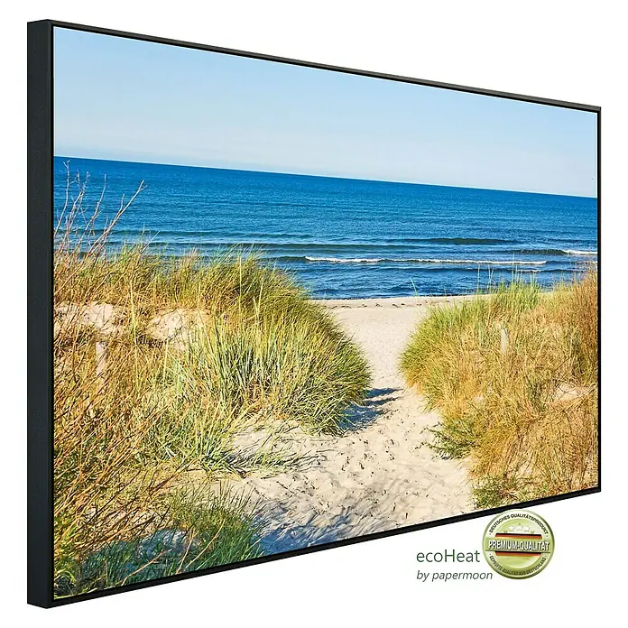 Papermoon Infrarot-Bildheizkörper Zugang zum Strand - 100 x 60 cm, 800 W - Ein gerahmtes Bild von EcoHeat mit einer malerischen Sanddüne, die zu einem ruhigen Strand führt. Premium-Qualität und stilvolles Design vereint.