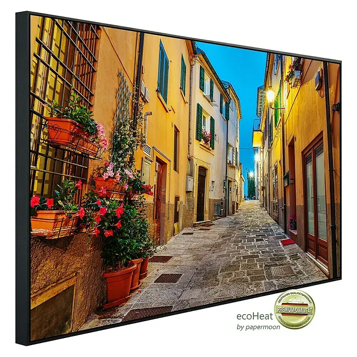 Papermoon Infrarot-Bildheizkörper Altstadt in Italien - 90 x 50 cm, 450 W - Wandbild „Gasse in Italien“ mit warmen Farben und blühenden Blumenkästen, gerahmt.