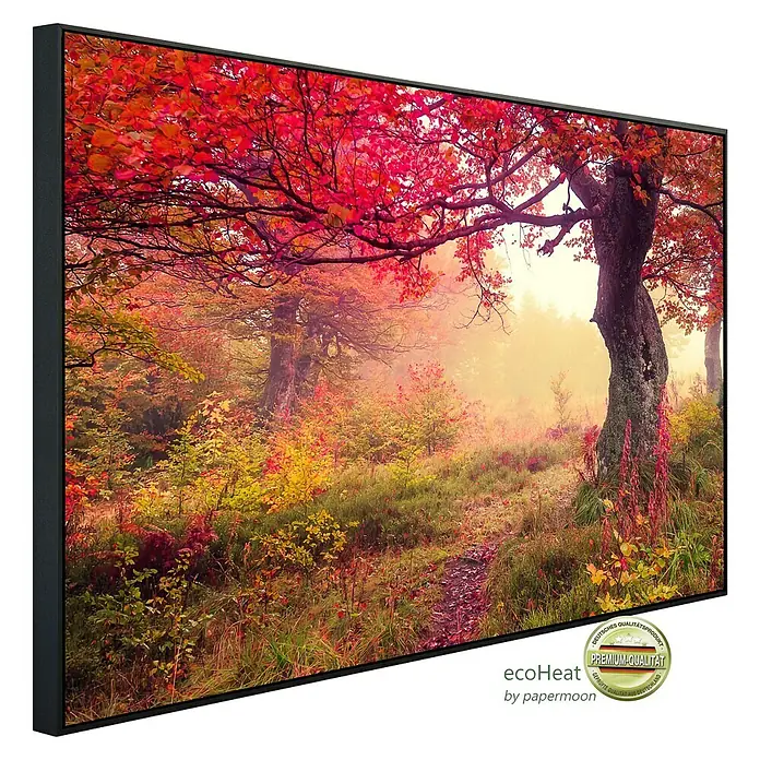 Papermoon Infrarot-Bildheizkörper Herbstbäume 1 - 60 x 50 cm, 350 W - Wandbild mit Herbstwaldmotiv, gerahmt in Schwarz. Hochwertiger Druck für eine stimmungsvolle Atmosphäre in jedem Raum.