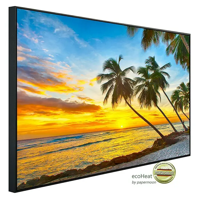 Papermoon Infrarot-Bildheizkörper Barbados Palm Beach 2 - 60 x 50 cm, 350 W - EcoHeat Infrarotheizung mit einem sonnigen Strandbild im Rahmen, das Wärme und Ambiente vereint.