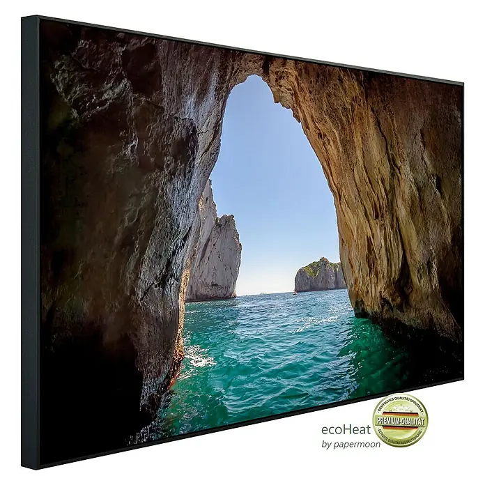 Papermoon Infrarot-Bildheizkörper Blaue Grotte in der Insel Capri - 100 x 60 cm, 800 W - Das EcoHeat Heizpaneel mit einem beeindruckenden Felsenmeer-Motiv, ein Premium-Qualitätsprodukt für behagliche Wärme.