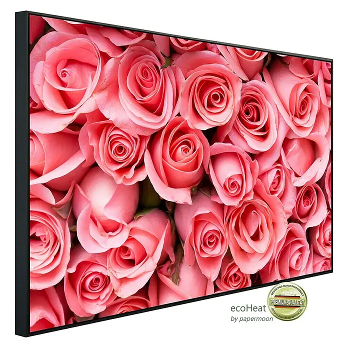 Papermoon Infrarot-Bildheizkörper Rosa Rosenblumen - 120 cm x 600 mm, 1.000 W - Ein Nahaufnahme-Heizpaneel mit einem wunderschönen Rosenmuster, das jedem Raum Wärme und Eleganz verleiht. Hochwertige Verarbeitung.