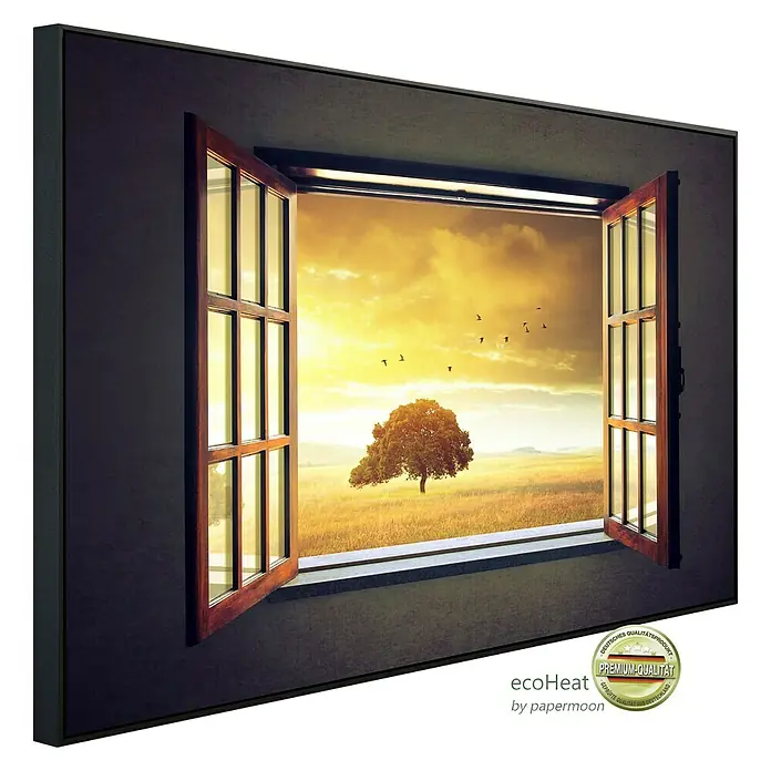 Papermoon Infrarot-Bildheizkörper Sonniger Frühling - 120 cm x 600 mm, 1.200 W - Das EcoHeat-Heizpaneel in Fensteroptik zeigt eine friedliche Landschaft bei Sonnenuntergang und sorgt für Wärme und Ambiente in jedem Raum.