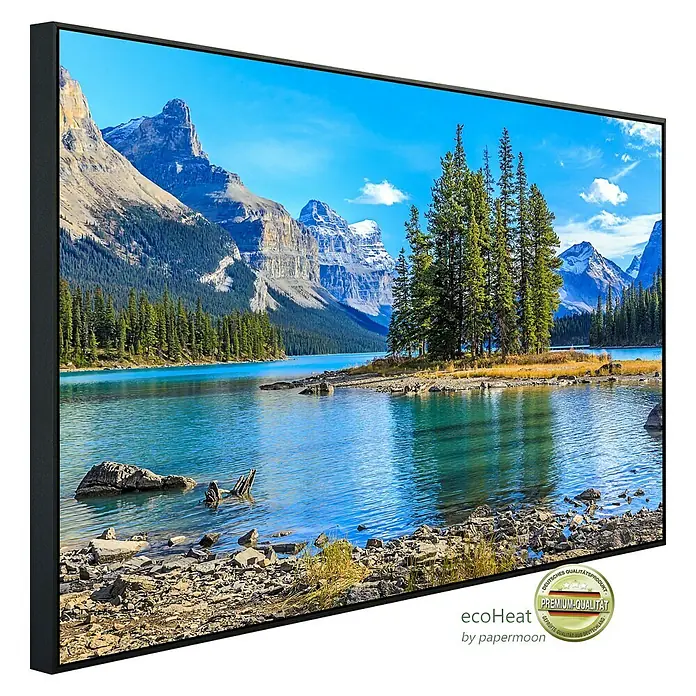 Papermoon Infrarot-Bildheizkörper Geisterinsel im Maligne See - 100 cm x 600 mm, 800 W - Das Bild zeigt eine EcoHeat Infrarotheizung mit einem wunderschönen Bergsee-Motiv und einer hochwertigen Premium-Qualität.