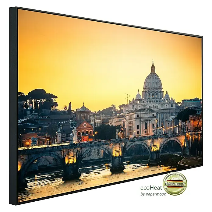 Papermoon Infrarot-Bildheizkörper Petersdom in Rom - 120 x 60 cm, 1.200 W - Das Bild zeigt ein Ecoheat-Wandbild mit einem beeindruckenden Sonnenuntergang über dem Vatikan. Ein Premium-Qualitätsprodukt.