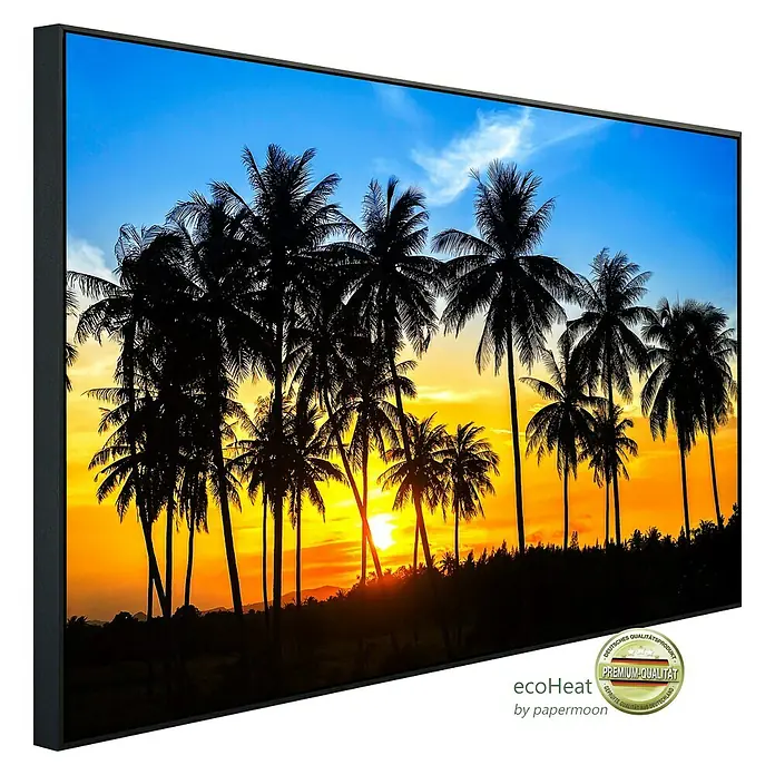 Papermoon Infrarot-Bildheizkörper Kokospalmen120 x 90 cm, 1.200 W - Ein gerahmtes Landschaftsgemälde mit Palmen bei Sonnenuntergang, das eine Premium-Qualität und ein deutsches Qualitätsprodukt darstellt.