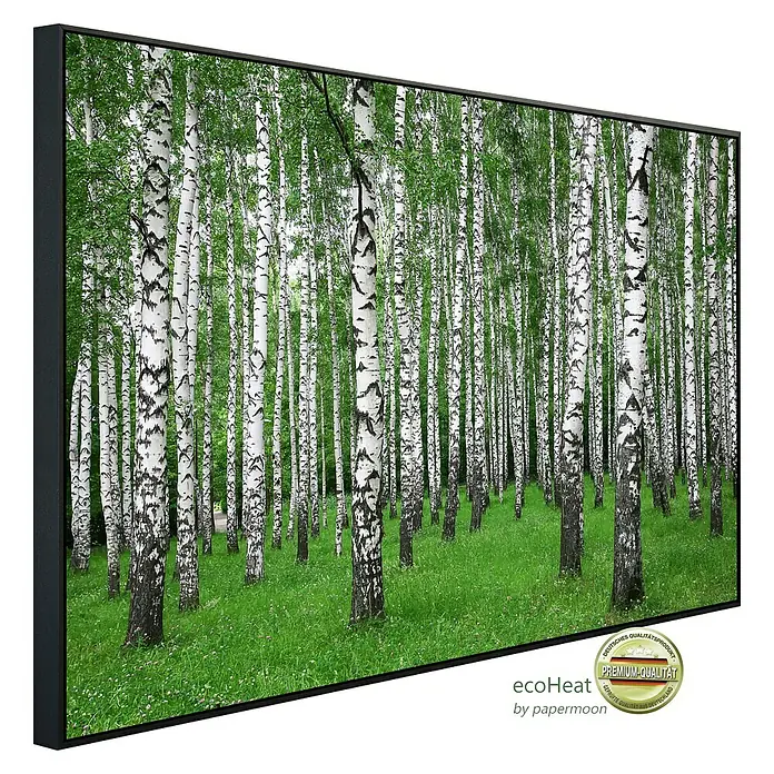 Papermoon Infrarot-Bildheizkörper Birkenwald im Sommer100 x 60 cm, 600 W - Das Natur-Wandbild mit Birkenwald bringt die Ruhe des Waldes in Ihr Zuhause. Premium Qualität.