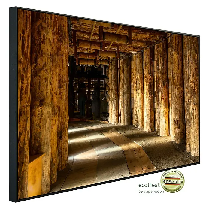 Papermoon Infrarot-Bildheizkörper Salzbergwerk Wieliczka - 100 x 60 cm, 600 W - Produktansicht eines gerahmten Bildes mit einem faszinierenden Blick in einen alten Holzschacht, der eine rustikale und historische Atmosphäre vermittelt.
