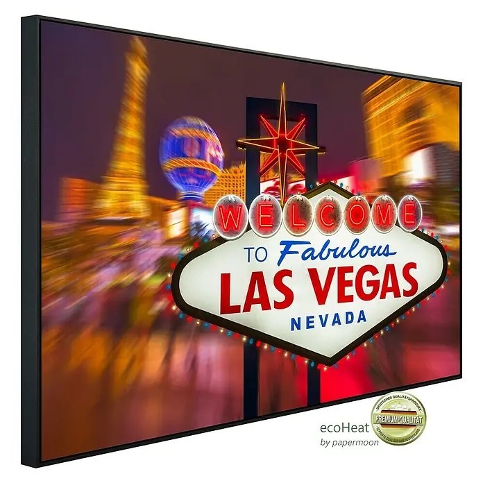 Papermoon Infrarot-Bildheizkörper Fabelhaftes Las Vegas - 90 x 50 cm, 450 W - Das Bild zeigt eine gerahmte Leinwand mit einem Motiv des "Welcome to Fabulous Las Vegas"-Schildes, das eine lebendige und dynamische Atmosphäre erzeugt.