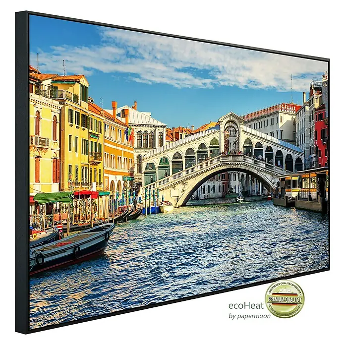 Papermoon Infrarot-Bildheizkörper Canal Grande und Rialtobrücke - 120 x 60 cm, 1.200 W - Ein gerahmtes Bild mit dem Motiv des Canal Grande und der Rialtobrücke in Venedig, Italien, das eine lebendige Atmosphäre einfängt.