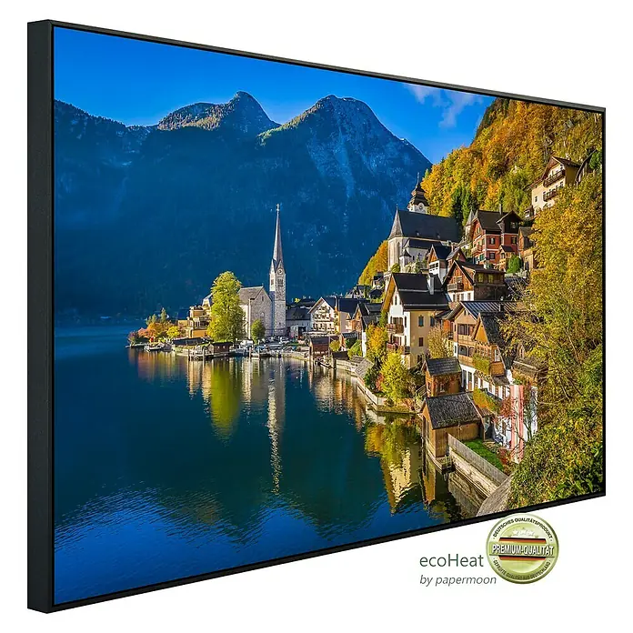 Papermoon Infrarot-Bildheizkörper Hallstatt Bergdorf - 120 x 60 cm, 1.000 W - Das EcoHeat Infrarot-Heizpaneel mit malerischem Hallstatt-Motiv. Premium Qualität für behagliche Wärme mit wunderschönem Ausblick.