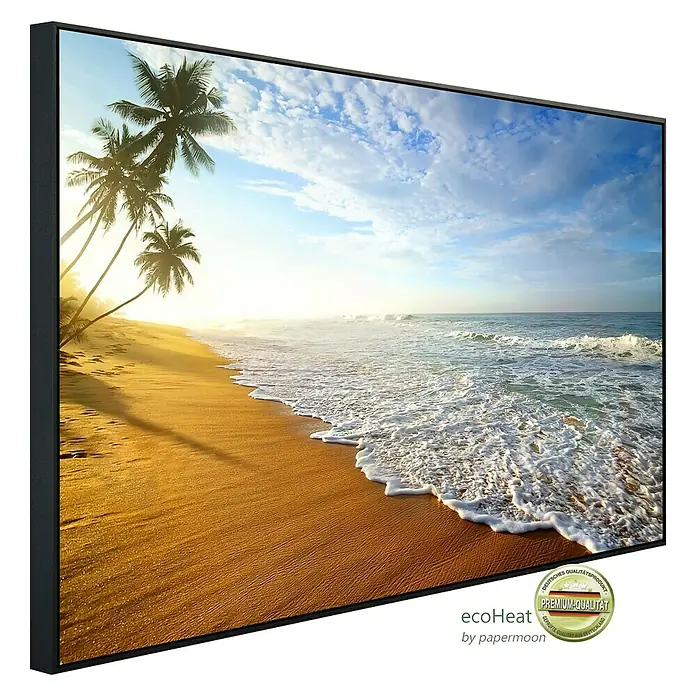 Papermoon Infrarot-Bildheizkörper Palm Beach Sri Lanka 1 - 60 x 50 cm, 350 W - Das gerahmte Ölgemälde zeigt einen sonnigen Strand mit Palmen, ideal für eine entspannende Atmosphäre in jedem Raum.