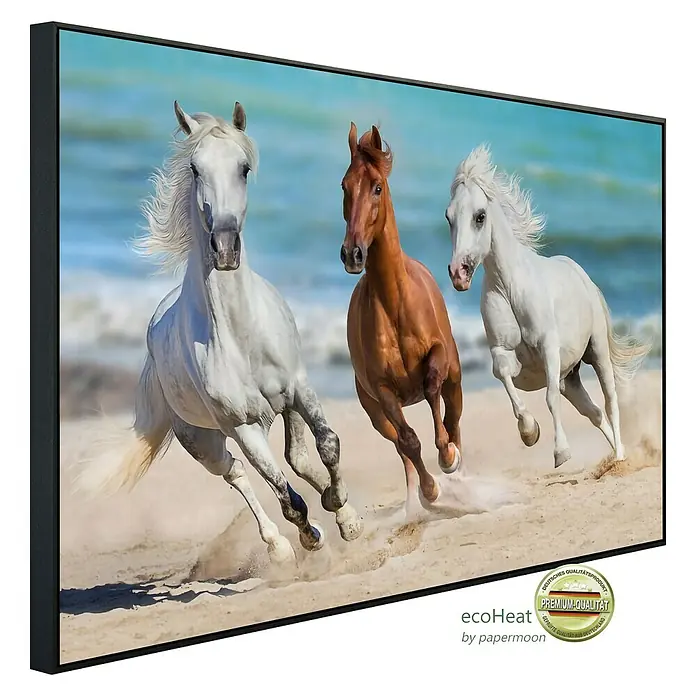 Papermoon Infrarot-Bildheizkörper Horse Herd Run Galopp - 60 x 50 cm, 350 W - Ein gerahmtes Pferdebild. Die drei Pferde rennen am Strand entlang. Ein dekoratives Stück für jeden Raum.