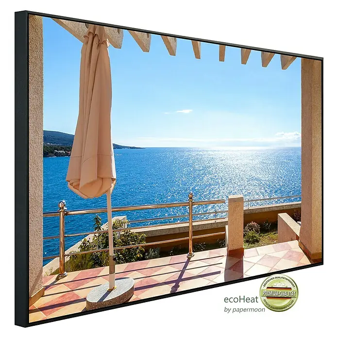 Papermoon Infrarot-Bildheizkörper Terrasse mit Meerblick - 60 cm x 500 mm, 350 W - Elegantes EcoHeat-Heizpaneel: Genießen Sie die Aussicht von der Terrasse mit diesem stilvollen und effizienten Heizgerät.