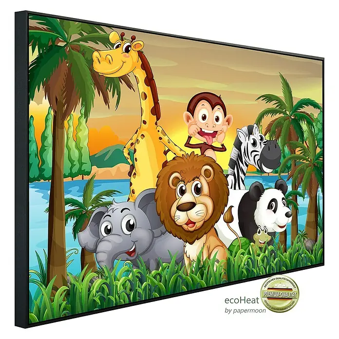 Papermoon Infrarot-Bildheizkörper Dschungeltiere 2 - 100 cm x 600 mm, 600 W - Wandbild mit einer Karikatur von Dschungeltieren, die Freude und Spaß in jedes Kinderzimmer bringt.