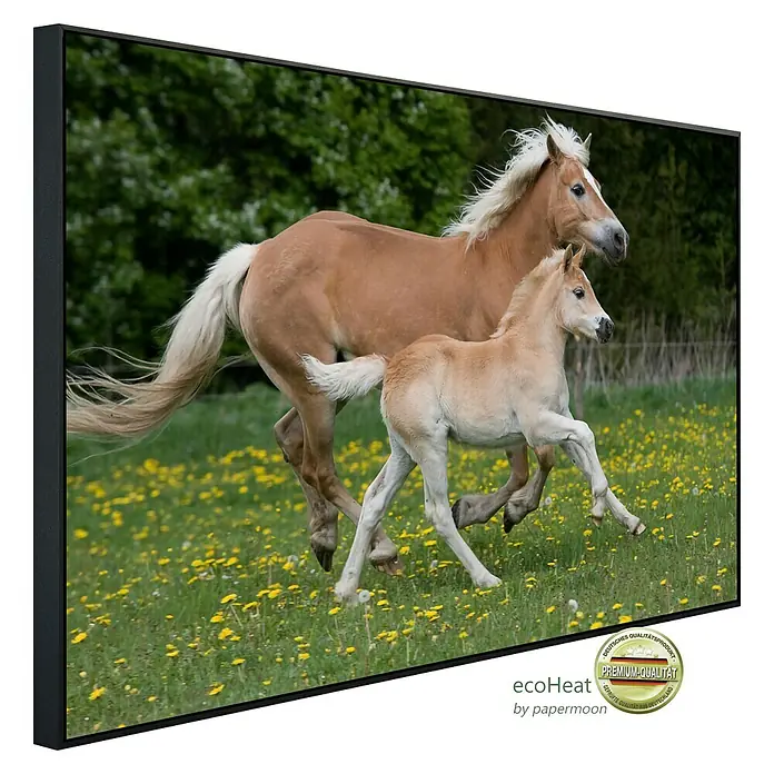 Papermoon Infrarot-Bildheizkörper Pferde 2 - 90 x 50 cm, 450 W - Dieses Heizpaneel zeigt ein Haflinger-Pferd mit Fohlen auf einer blühenden Wiese, umrahmt von einem eleganten, schwarzen Rahmen.
