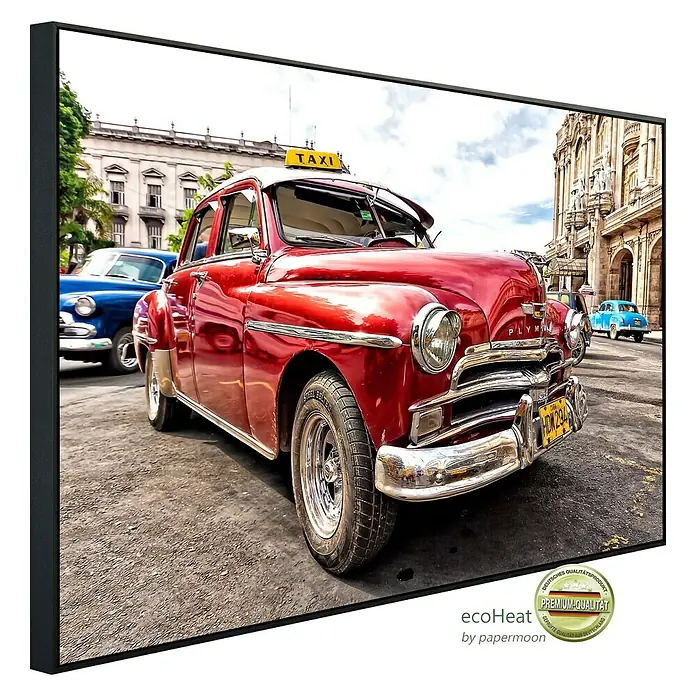 Papermoon Infrarot-Bildheizkörper Kuba - 120 x 60 cm, 1.200 W - Ein gerahmtes Bild eines roten Oldtimer-Taxis, das einen Hauch von klassischem Charme und Nostalgie in jeden Raum bringt.