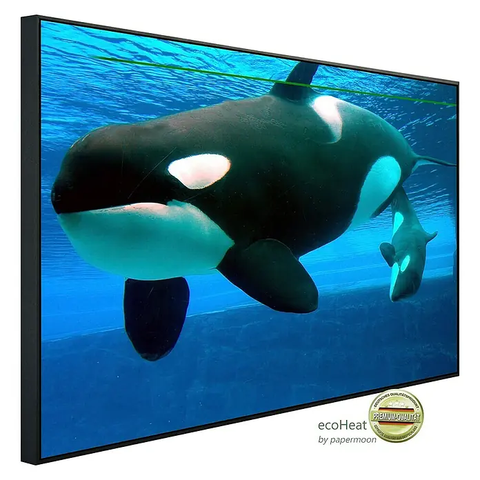 Papermoon Infrarot-Bildheizkörper Wale - 90 x 50 cm, 450 W - Nahaufnahme eines gerahmten Bildes von Orcas im Wasser, ein Premium-Qualitätsprodukt für eine stilvolle Wanddekoration.