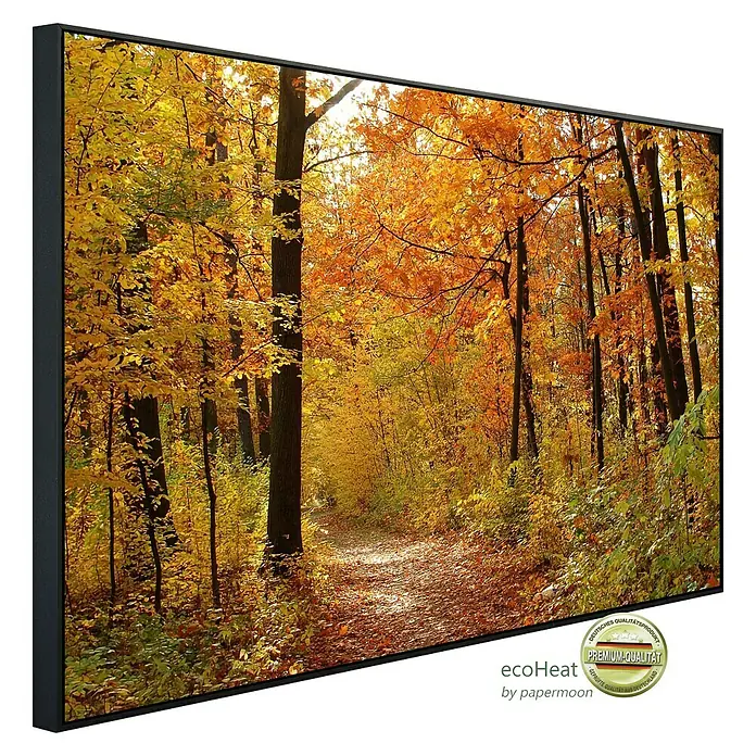 Papermoon Infrarot-Bildheizkörper Autumn Forest - 120 cm x 600 mm, 1.200 W - Dekoratives EcoHeat-Panel mit herbstlichem Waldweg-Motiv. Das Bild ist in warmen Herbstfarben gehalten und bringt die Natur ins Haus.