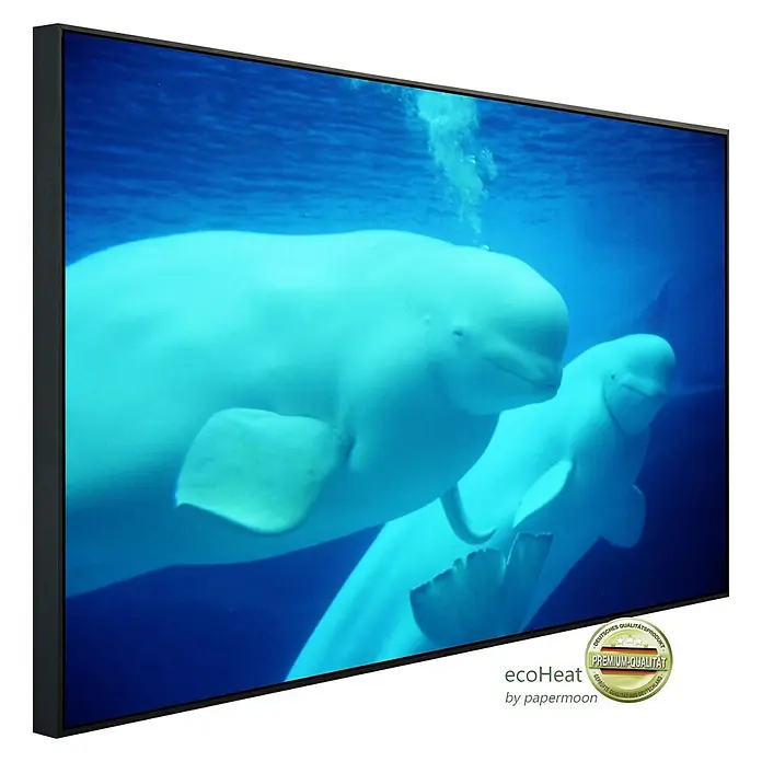 Papermoon Infrarot-Bildheizkörper Beluga Wale - 120 x 60 cm, 1.200 W - Das EcoHeat Infrarotpaneel mit einem atemberaubenden Unterwassermotiv, das zwei Belugawale zeigt, ist eine elegante Heizlösung.