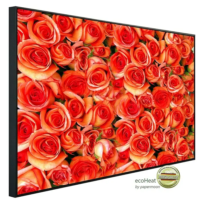 Papermoon Infrarot-Bildheizkörper Orangenrosen - 60 x 50 cm, 350 W - Nahaufnahme einer gerahmten Leinwand mit einem Rosenmuster, perfekt für eine elegante Wanddekoration.
